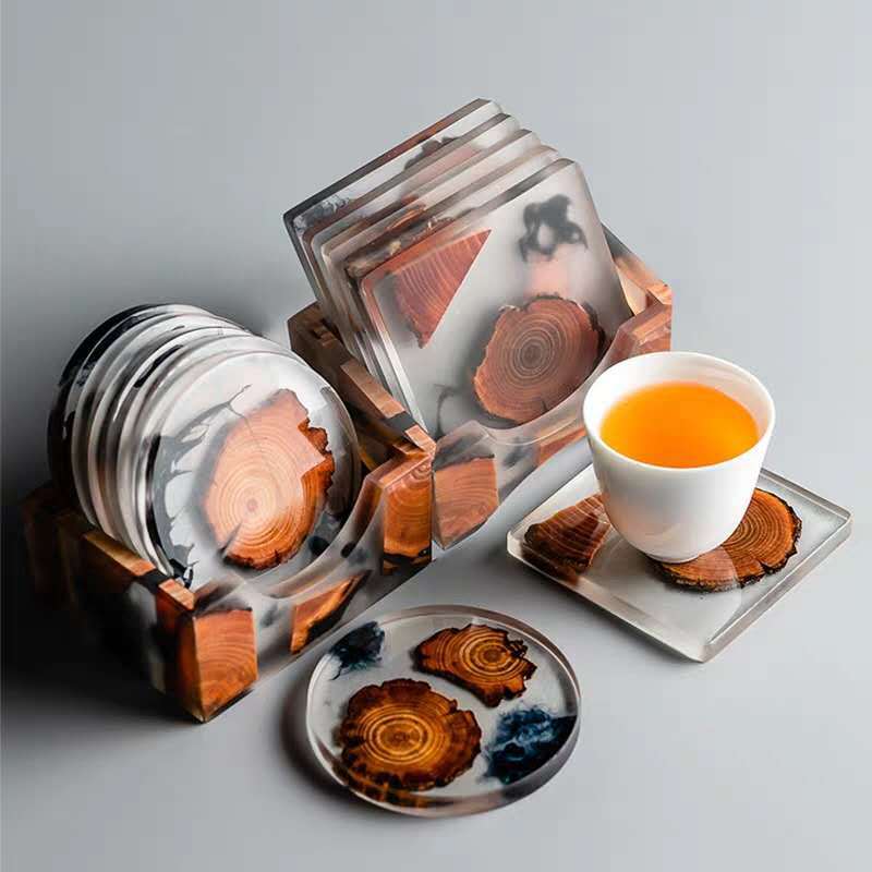 Zen resin coaster — round pine resin coaster on a desk