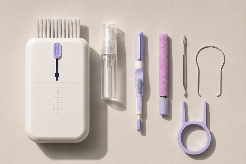 11-in-1 cleaning kit — purple variant flat lay of all six tools
